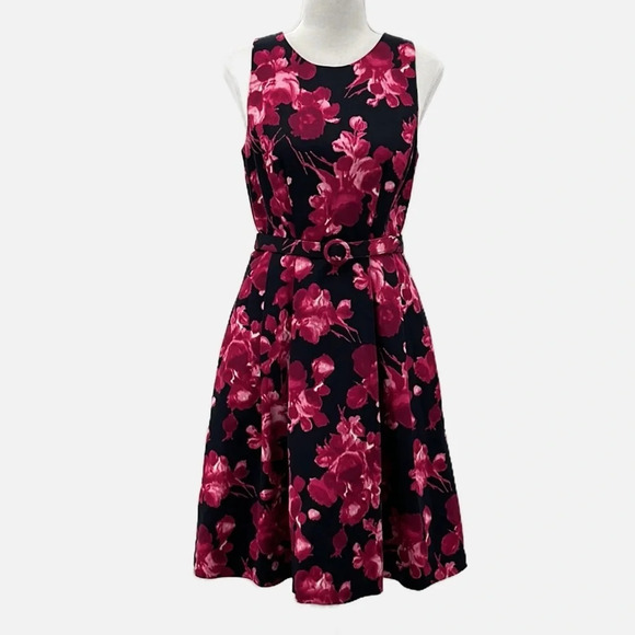 Eliza J. Floral Print Faille Fit & Flare Sleeveless Belted Dress - Size 4 - Picture 2 of 7